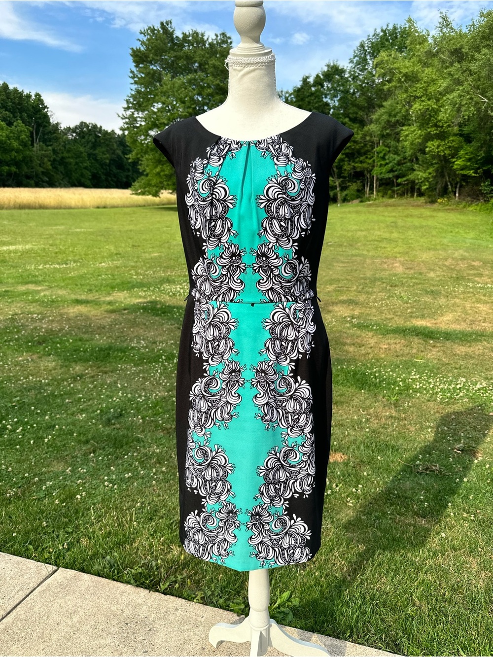 London Times Black & Teal Floral-Panel Sheath Dress